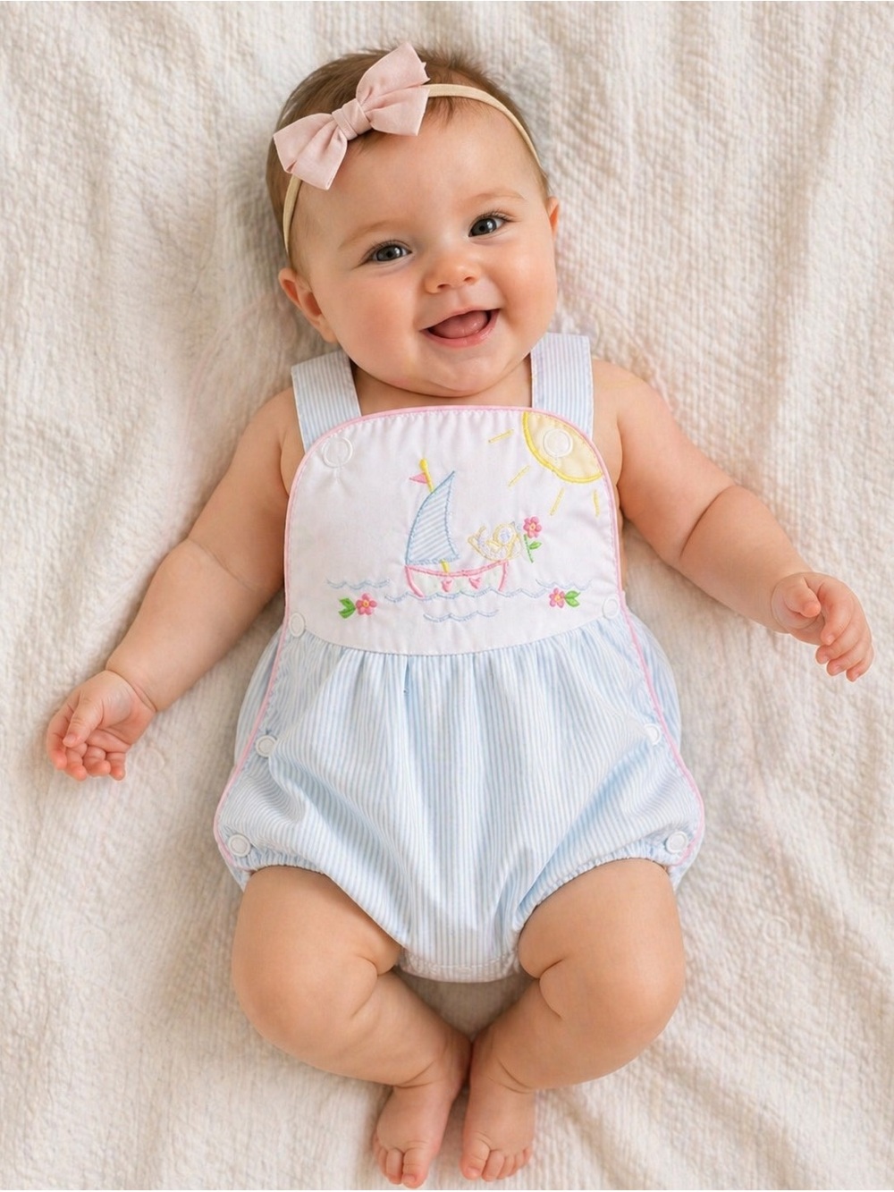 Sugar Babies Seersucker Bubble Romper 6M Baby Girl Sailboat Embroidered